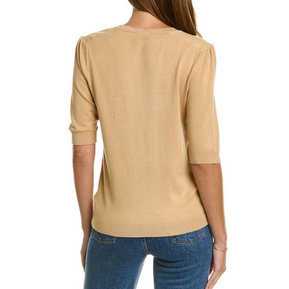 NEW Ellen Tracy Faux Leather Trim V-Neck Sweater in Sand - Picture 12 of 14